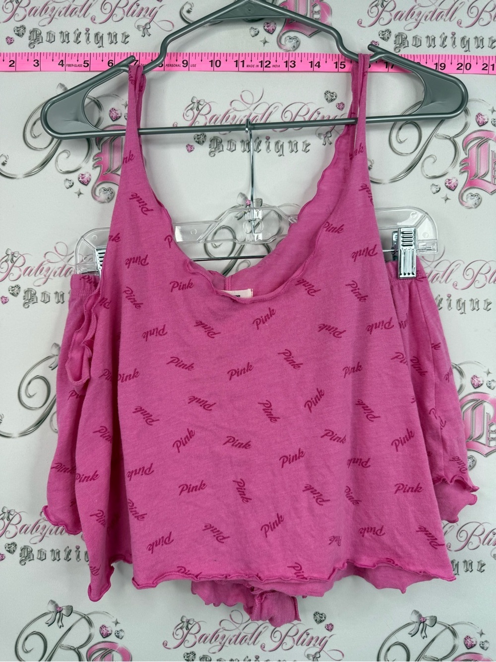 PINK Victoria's Secret set 2 Hot Pink Cold-Shoulder Tank Top shorts Script Print